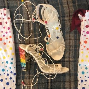 Salvatore Ferragamo white & rainbow lace up heels